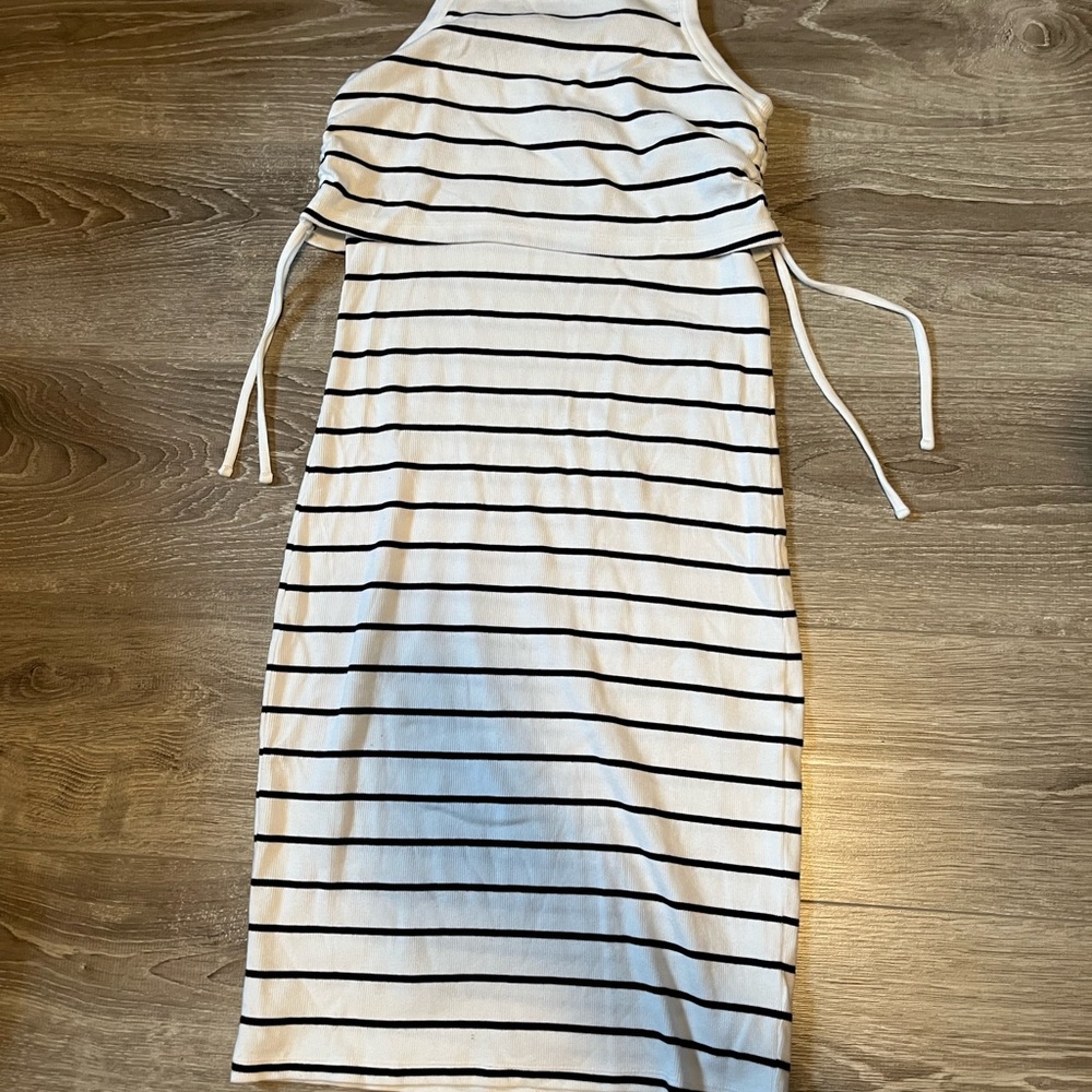 Nursing White and Black Striped Sleeveless Midi Dress